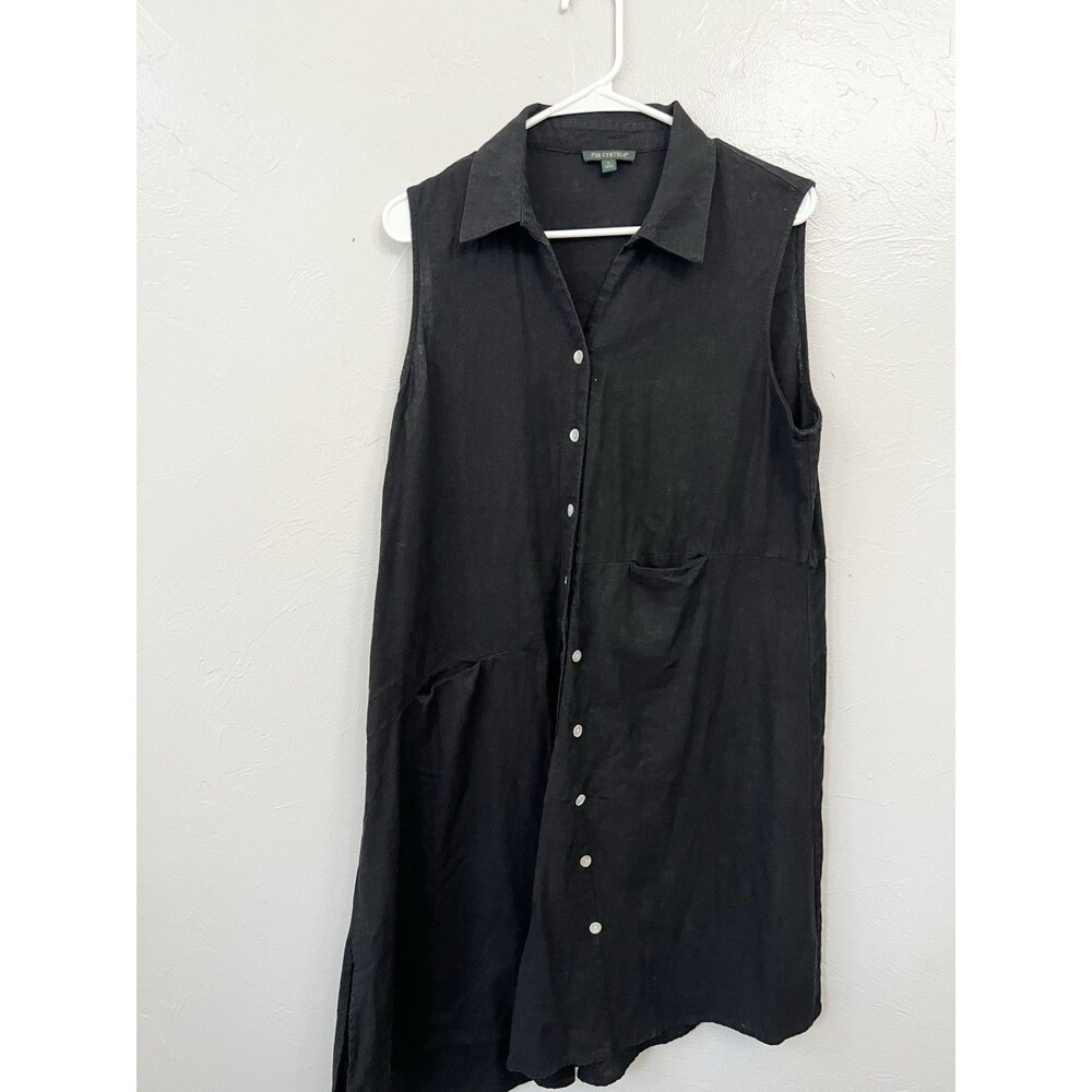 For Cynthia Black Linen Blend Asymmetrical Shirt Dress Button Sleeveless Size L